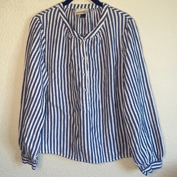 gauze boyfriend waffle striped long sleeve button M women blouse shirt - Picture 1 of 7